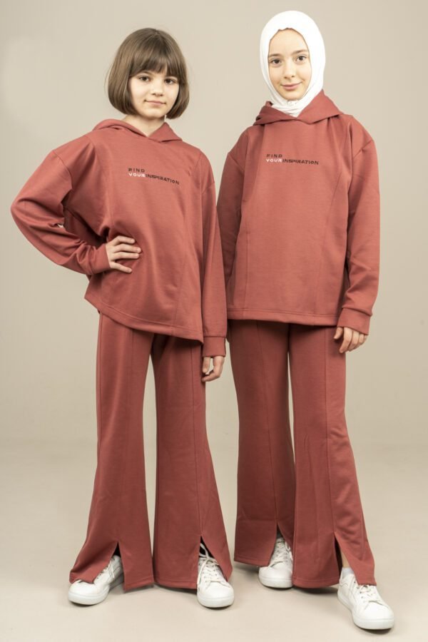 2Pcs Set Hooded Girls Tracksuit Sweat Shirt & Spanish Style Pants Dried Rose فساتین بنات Lamora