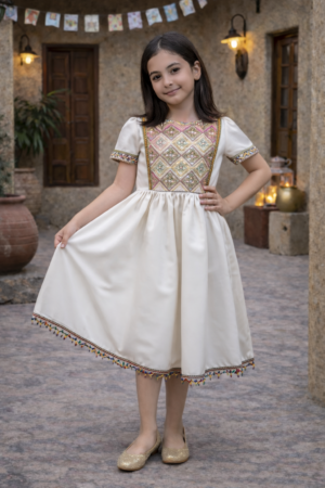 Girls Hugallaila Traditional Dress Off white Embroidered with lace فستان حق اللیلۃ