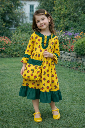 Hugallaila Dress |Girls Traditional Dress | Yellow Vertical Floral