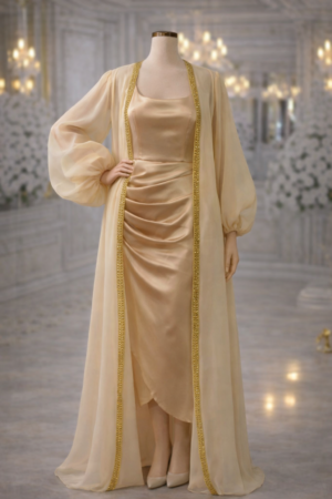 2 Pcs Organza Long Ladies Dress - Golden