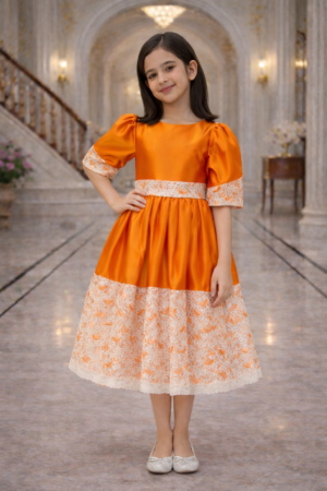Girls Party Dress Orange With Back Bow Lace