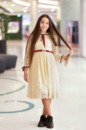 Dantel Party Dress For Girls With With Maroon Ribbon Lamora