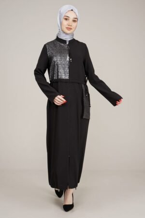 Decorated and Practical Ladies Abaya with Zipper - Black Lamora