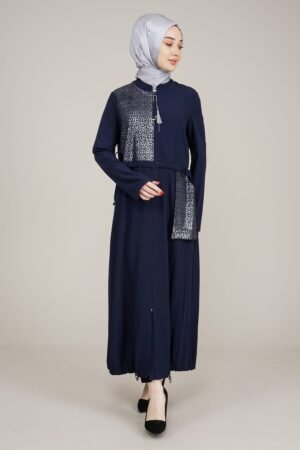 Decorated and Practical Ladies Abaya with Zipper - Navy Blue Lamora
