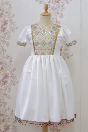 Fashionable Grils Traditional Dress Off white Embroidered with lace Lamora