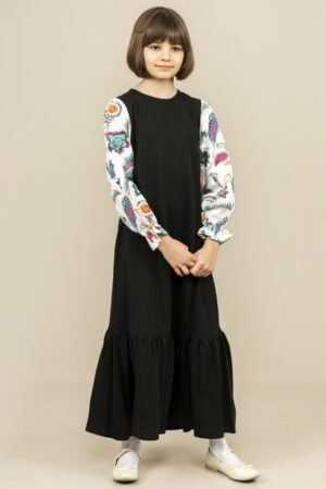 Girls Dress Long with Patterned Sleeves - Black فساتين بنات Lamora