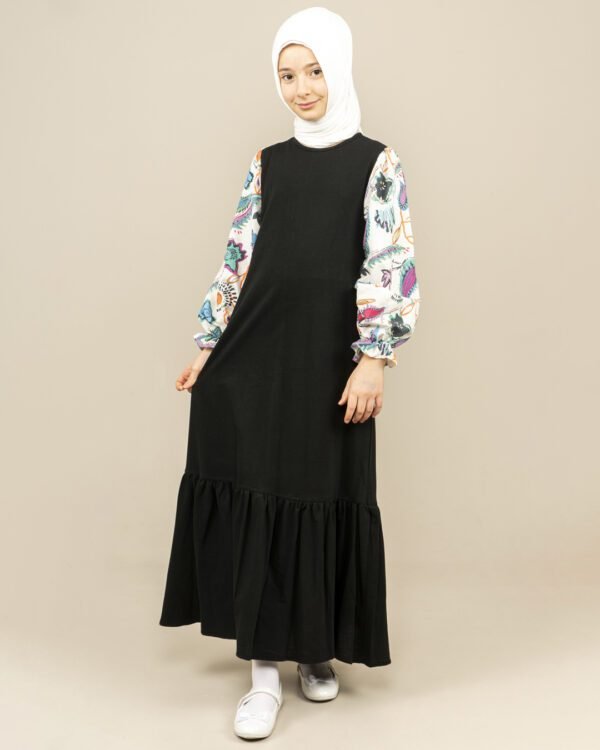 Girls Dress Long with Patterned Sleeves - Black فساتين بنات Lamora