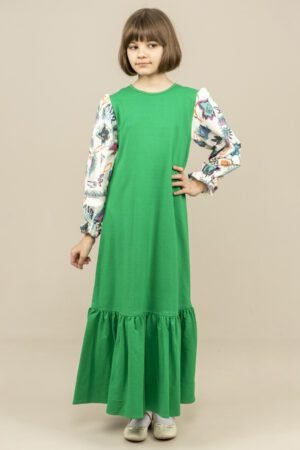 Girls Dress Long with Patterned Sleeves - Green فساتين بنات Lamora