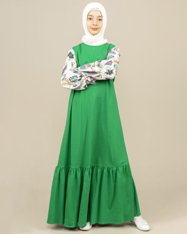 Girls Dress Long with Patterned Sleeves - Green فساتين بنات Lamora