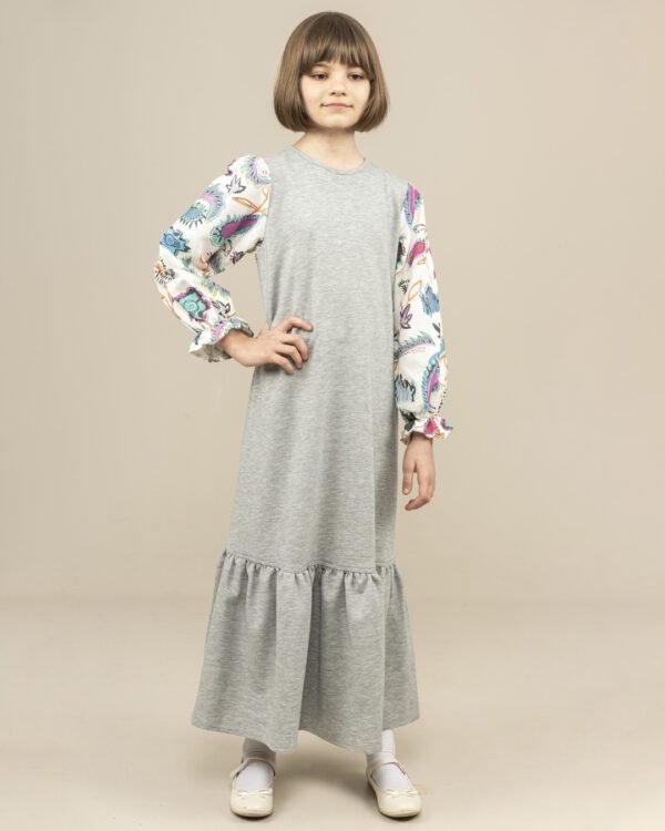 Girls Dress Long with Patterned Sleeves - Grey فساتين بنات Lamora
