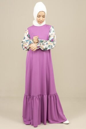 Girls Dress Long with Patterned Sleeves - Purple فساتين بنات