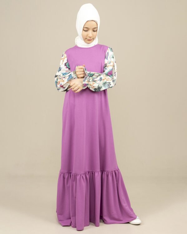 Girls Dress Long with Patterned Sleeves - Purple فساتين بنات