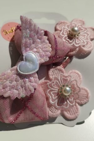 Girls Hair Clip Pink With Heart and Pearls Lamora