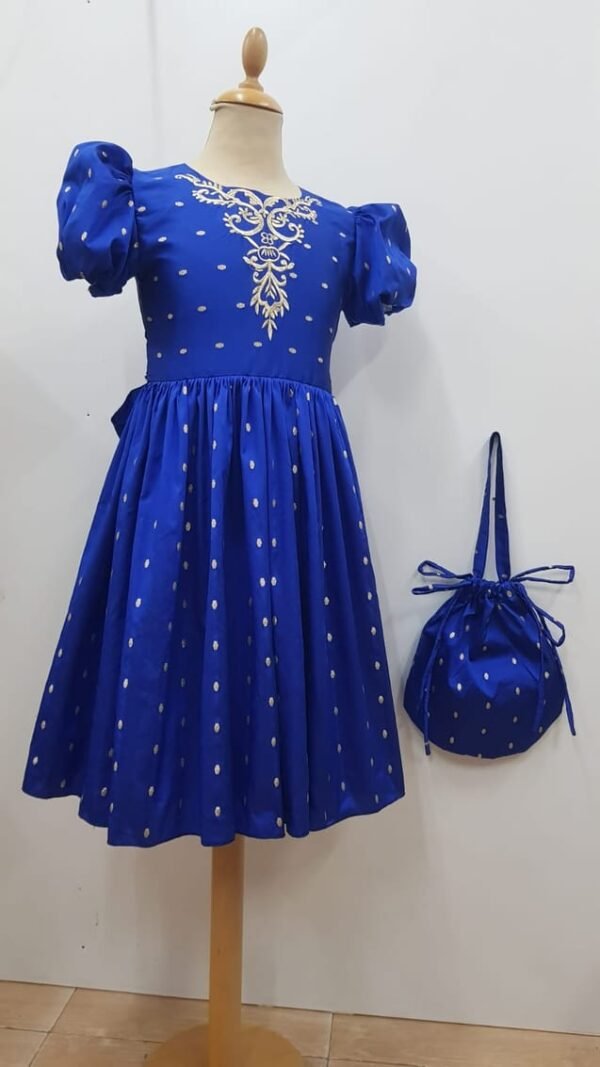 Girls Party Dress Blue With Golden Neck Embroidery Lamora