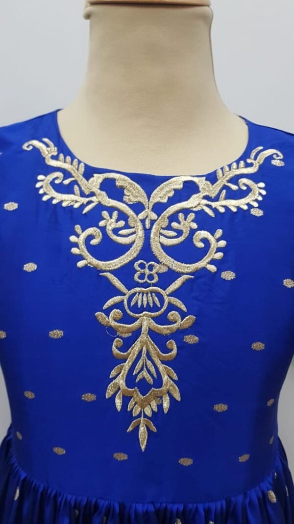 Girls Party Dress Blue With Golden Neck Embroidery Lamora