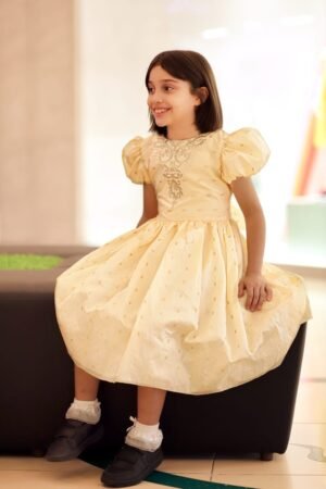 Girls Party Dress Cream With Golden Neck Embroidery Lamora