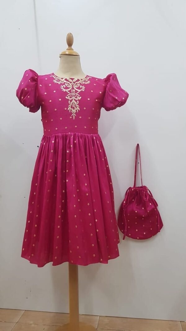 Girls Party Dress Fuchsia With Golden Neck Embroidery Lamora