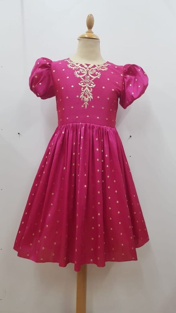 Girls Party Dress Fuchsia With Golden Neck Embroidery Lamora