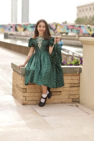 Girls Party Dress Green With Golden Neck Embroidery Lamora