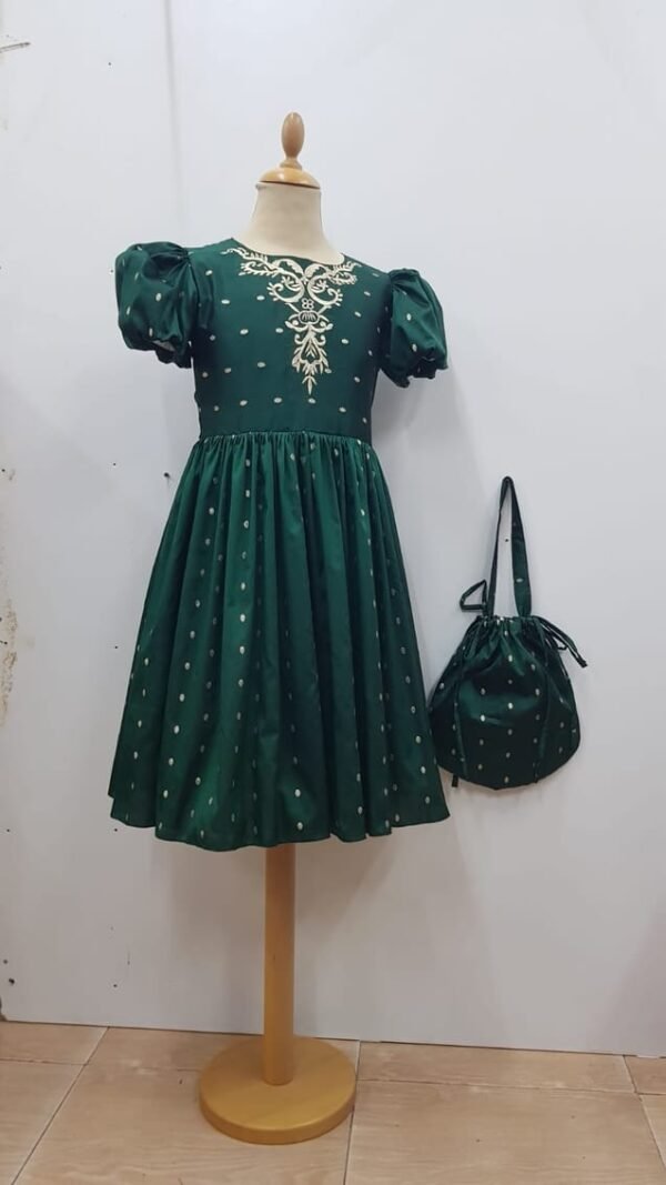 Girls Party Dress Green With Golden Neck Embroidery Lamora