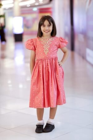 Girls Party Dress Pink With Golden Neck Embroidery Lamora