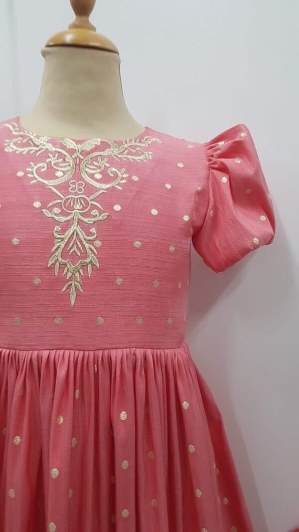 Girls Party Dress Pink With Golden Neck Embroidery Lamora
