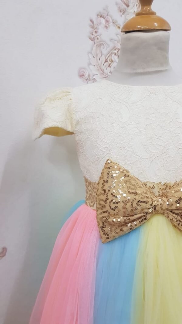 Girls Party Dress With Golden Bow and Multicolor Tur Lamora