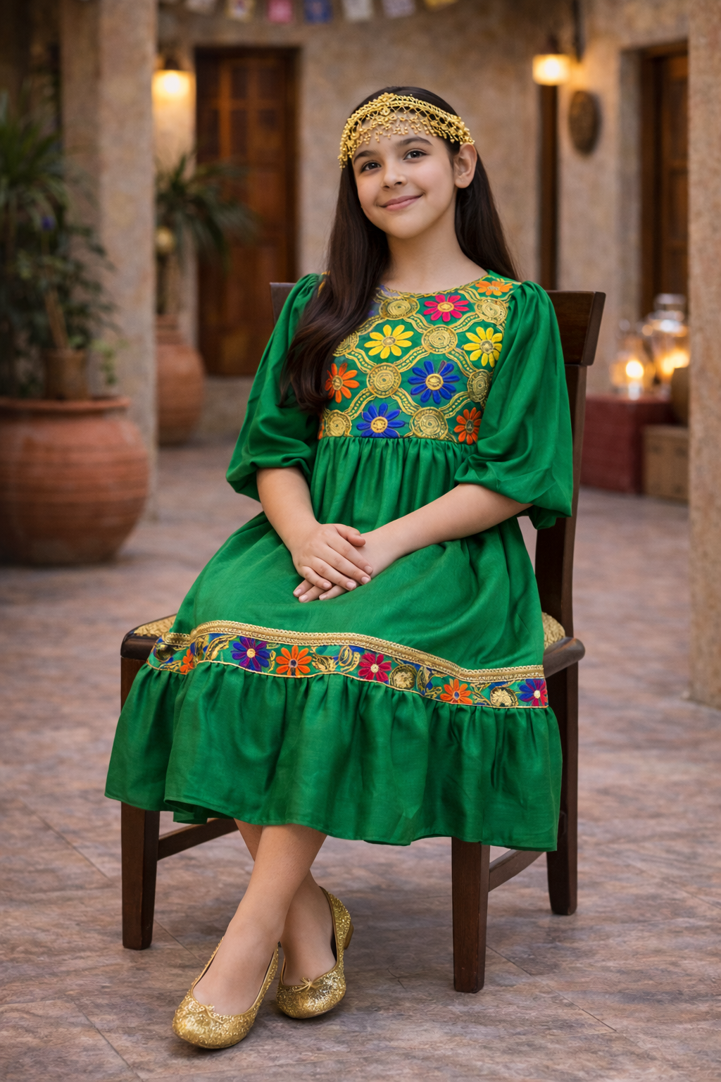 Girls Hugallaila Dress | Traditional Dress Green Floral - Image 4