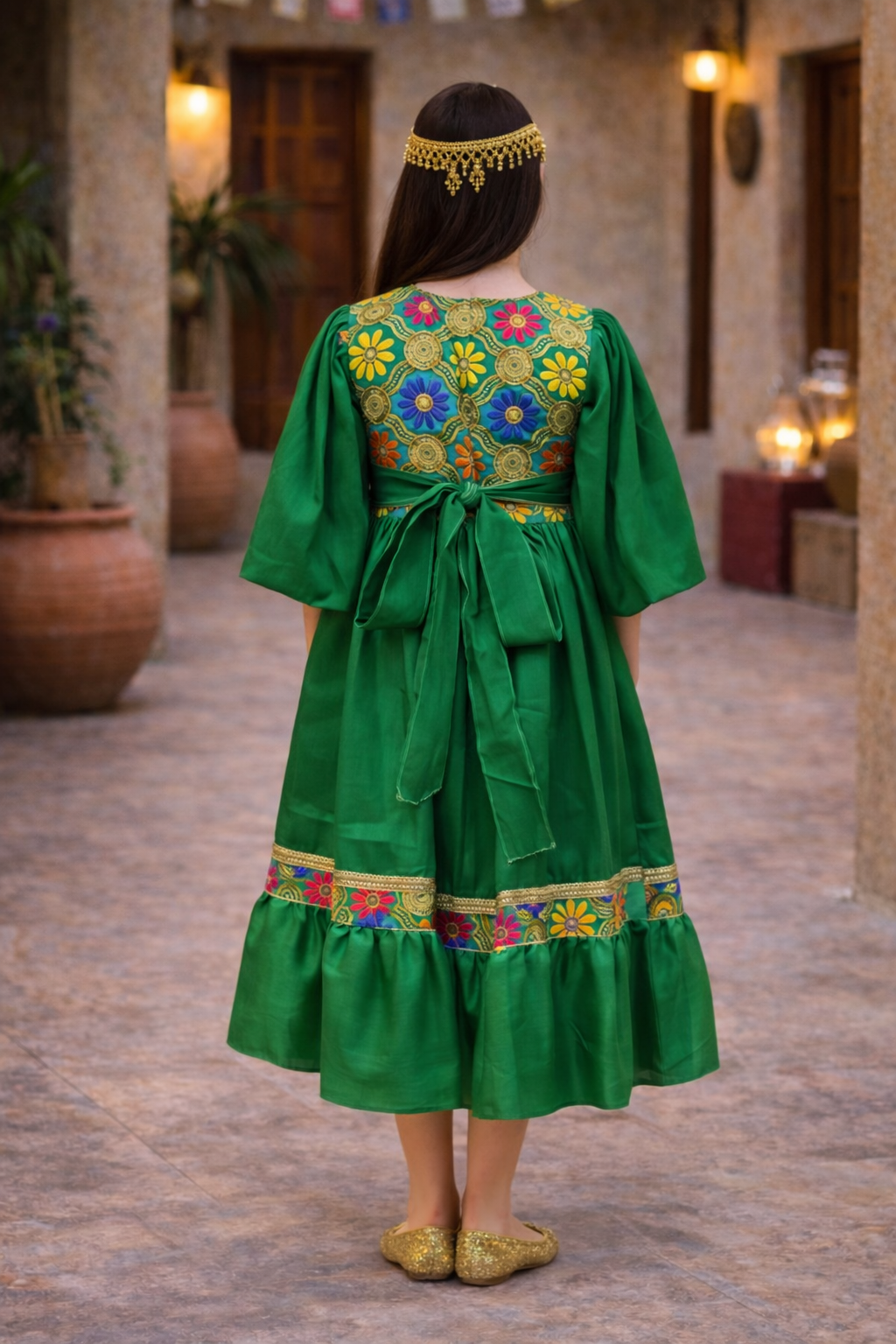 Girls Hugallaila Dress | Traditional Dress Green Floral - Image 2