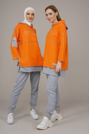 Hooded Reverse Stitched Ladies Tracksuit 2pcs Set Orange Lamora