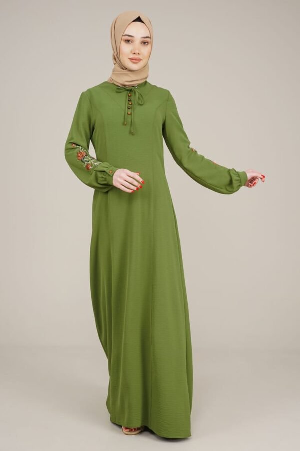 Ladies Dress Long with Embroidered Sleeves Khaki Lamora
