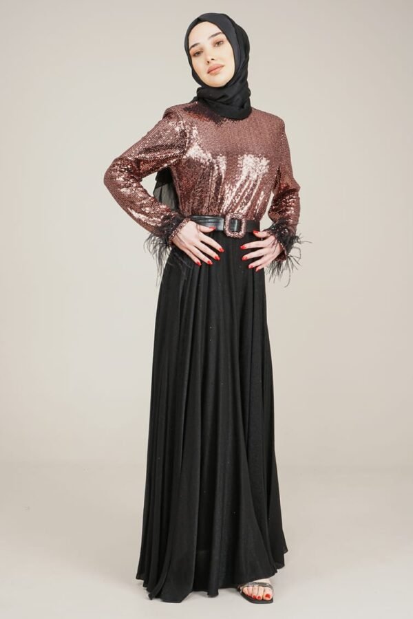 Lamora Sparkly Top Long Ladies Dress with Belt for Special Occasion - Gold
