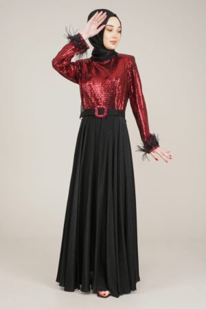 Sparkly Top Long Ladies Dress with Belt for Special Occasion - Red