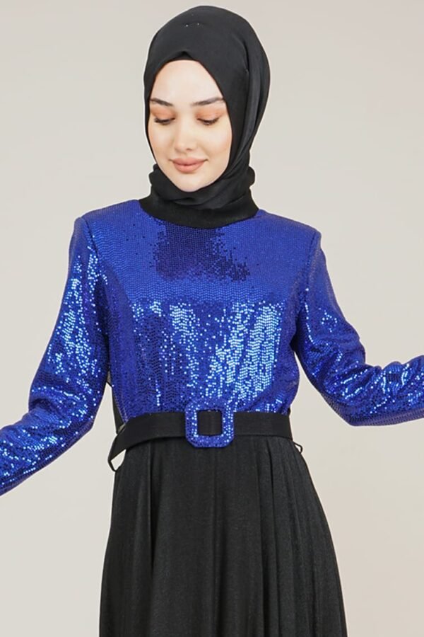 Lamora Sparkly Top Long Ladies Dress with Belt for Special Occasion - Royal Blue