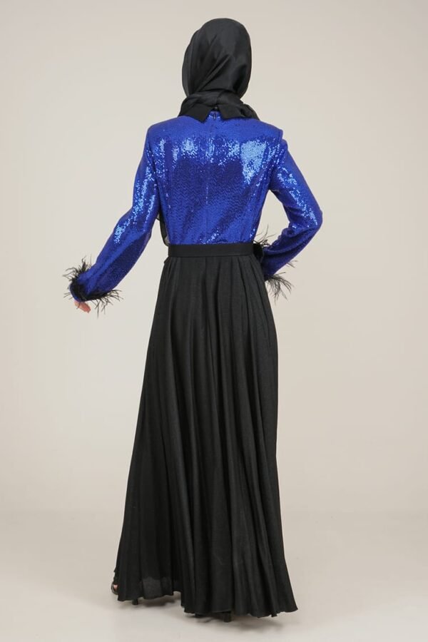 Lamora Sparkly Top Long Ladies Dress with Belt for Special Occasion - Royal Blue