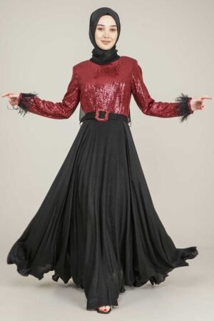 Lamora's Sparkly Top Long Ladies Dress with Belt for Special Occasion - Burgundy