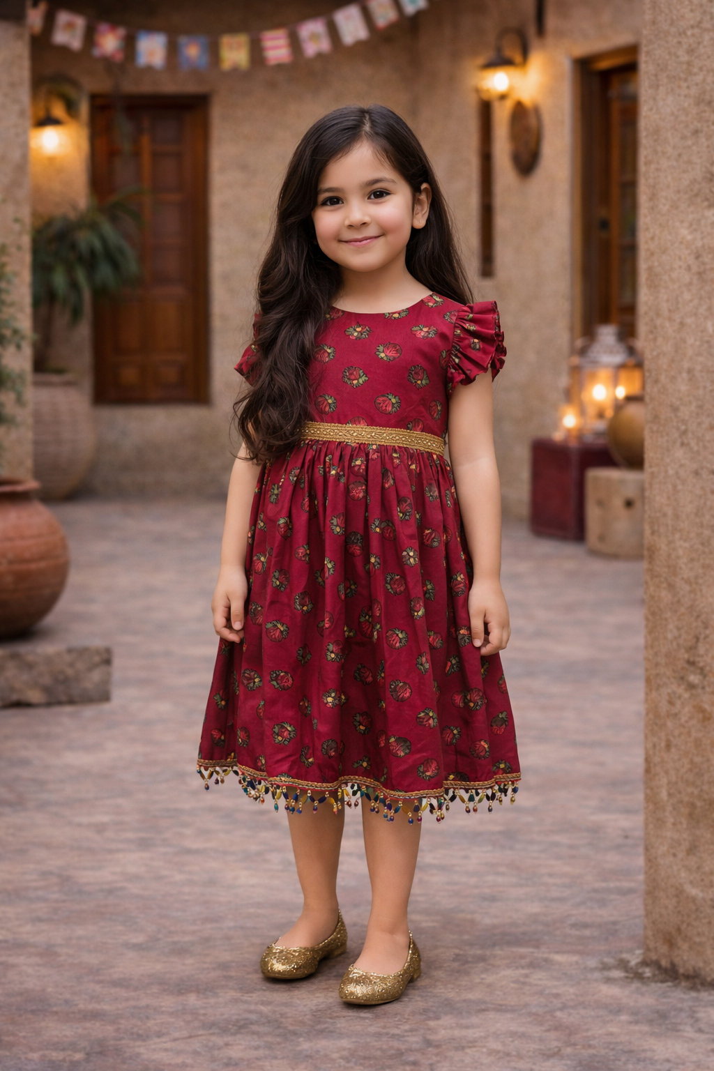 Girls Traditional Dress Maroon With Floral Print & Golden Lace فستان حق الليلة - Image 2