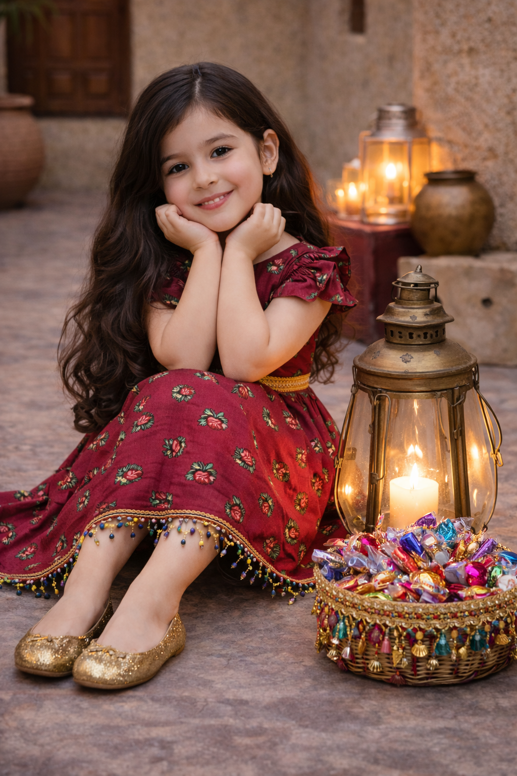 Girls Traditional Dress Maroon With Floral Print & Golden Lace فستان حق الليلة - Image 5