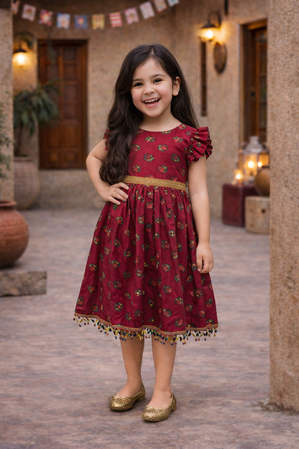Girls Traditional Dress Maroon With Floral Print & Golden Lace فستان حق الليلة