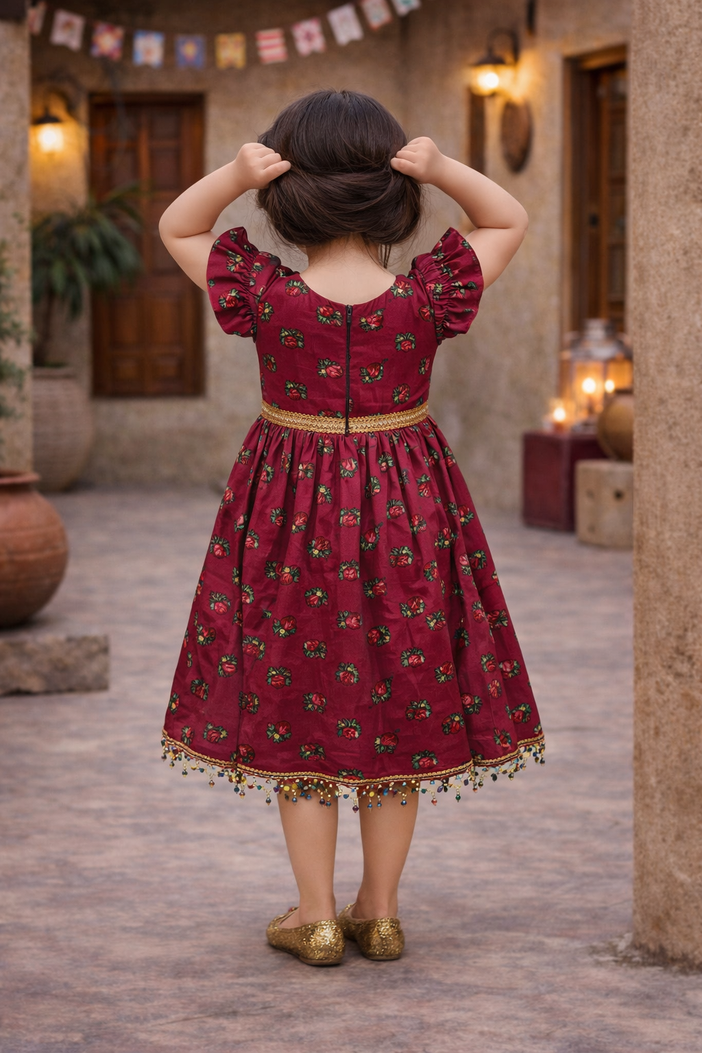Girls Traditional Dress Maroon With Floral Print & Golden Lace فستان حق الليلة - Image 4