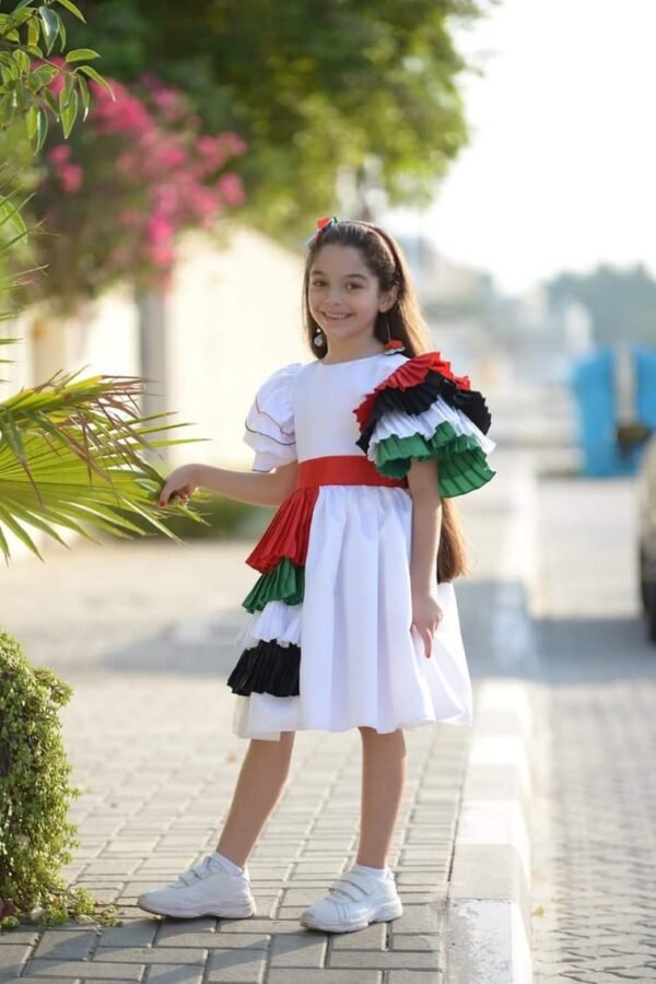 Multicolor Side Pleating UAE National Day Flag Dress White Lamora