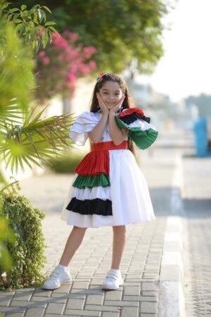 Multicolor Side Pleating UAE National Day Flag Dress White Lamora