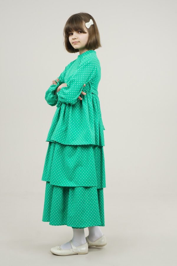 Polka Dot Girls Dress with Skirt Layers - Green فساتین بنات Lamora