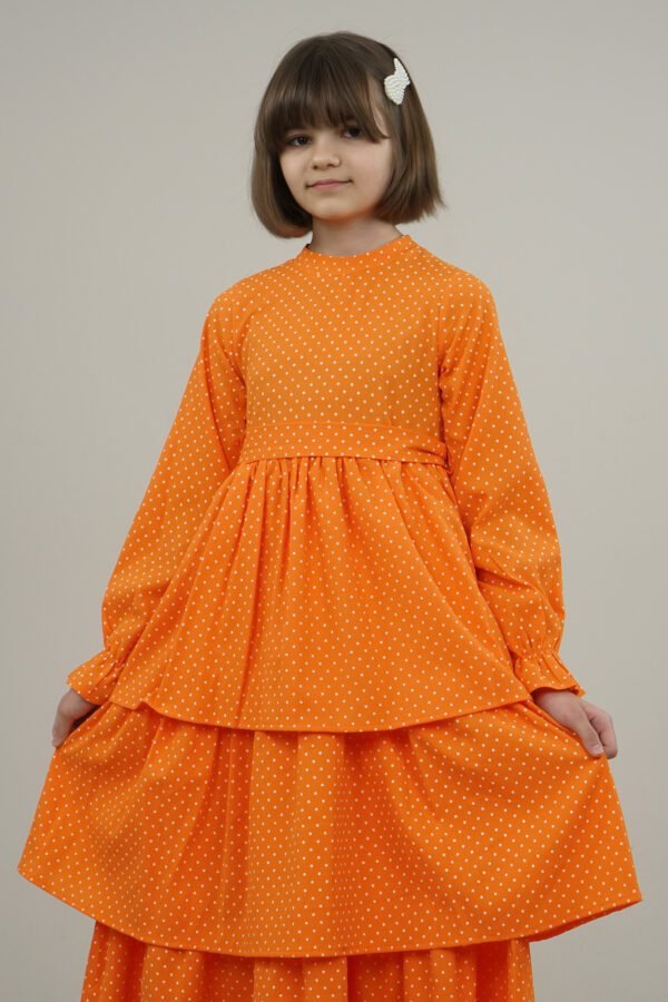 Polka Dot Girls Dress with Skirt Layers - Orange فساتین بنات Lamora