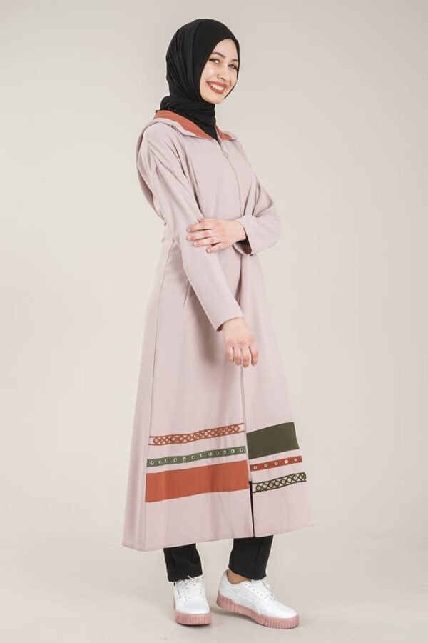 Practical Zippered & Embroidered Ladies Abaya with Hoodie - Beige Lamora