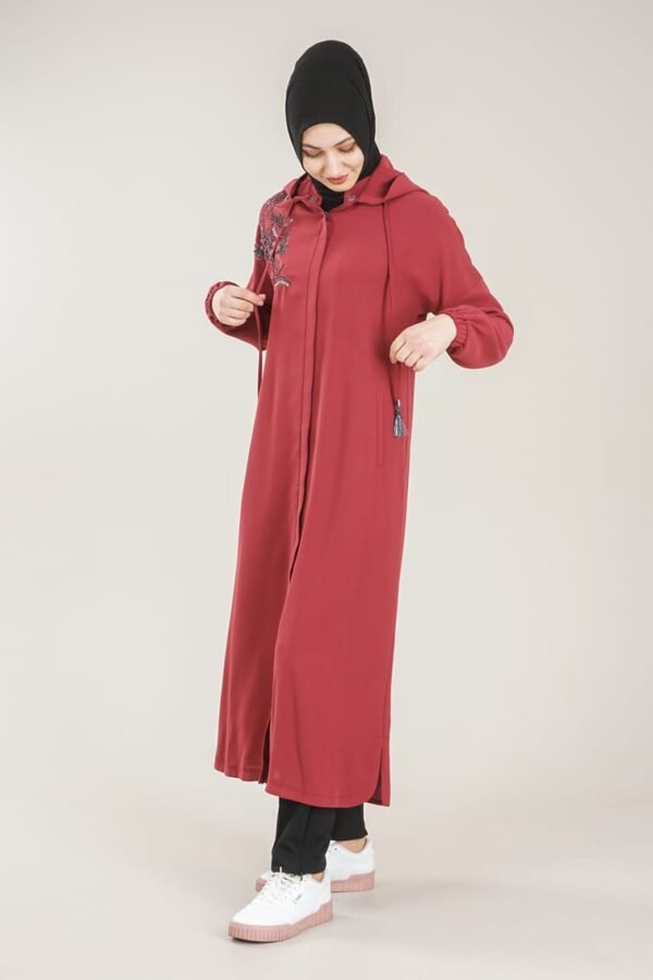 Practical Zippered & Embroidered Ladies Abaya with Hoodie-Plum Lamora