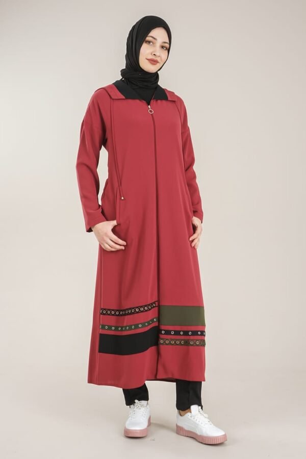 Practical Zippered & Embroidered Ladies Abaya with Hoodie - Plum Lamora