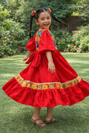 Multicolor Print Girls Hugallaila Dress | Traditional Dress  Red