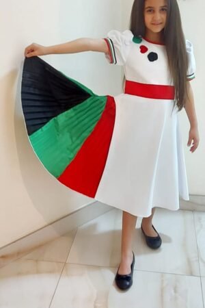 Side Pleating UAE National Day Flag Dress White With Flower Lamora