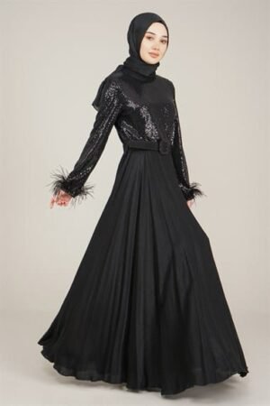 Sparkly Top Ladies Long Dress with Belt for Special Occasion - Black Lamora
